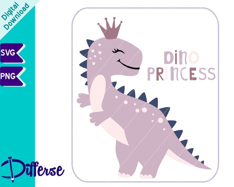 May include: Purple dinosaur wearing a gold crown with the text "Dino Princess" in pink and purple letters.