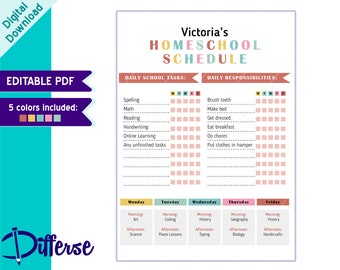 Editable Homeschool Planner | Digital School Planner | Printable Homeschool Schedule | Daily Schedule for kids | School Routine Chart | PDF