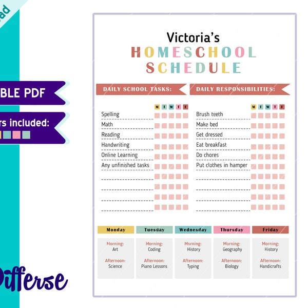 Editable Homeschool Planner | Digital School Planner | Printable Homeschool Schedule | Daily Schedule for kids | School Routine Chart | PDF