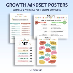 Könnte beinhalten: Eine Sammlung von druckbaren Postern zum Thema Growth Mindset. Die Poster enthalten Aussagen, Affirmationen und Listen von Dingen, die man kontrollieren kann und nicht kontrollieren kann. Der Text enthält Sätze wie "Ändere deine Worte, ändere dein Mindset".