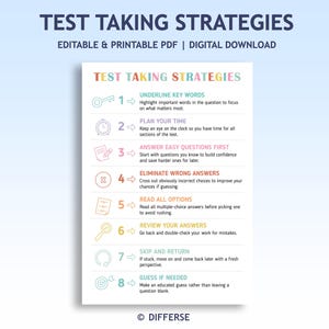 May include: A printable PDF titled "Test Taking Strategies" with a light blue background. The document lists eight strategies with icons and brief descriptions, including underlining keywords and planning time.