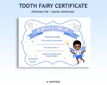 Certificat de fée des dents pour garçons afro-américains | Dent perdue | Fée des dents imprimable PNG | Cadeau de fée des dents | Fée noire PDF