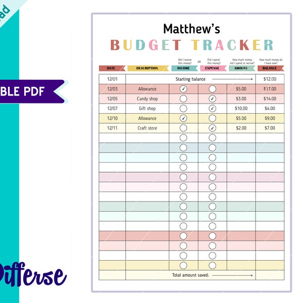 Kids Budget Tracker | Editable Budget Tracker | Allowance Tracker | Kids Budget Planner | Budget Printable | Budget Template for Kids