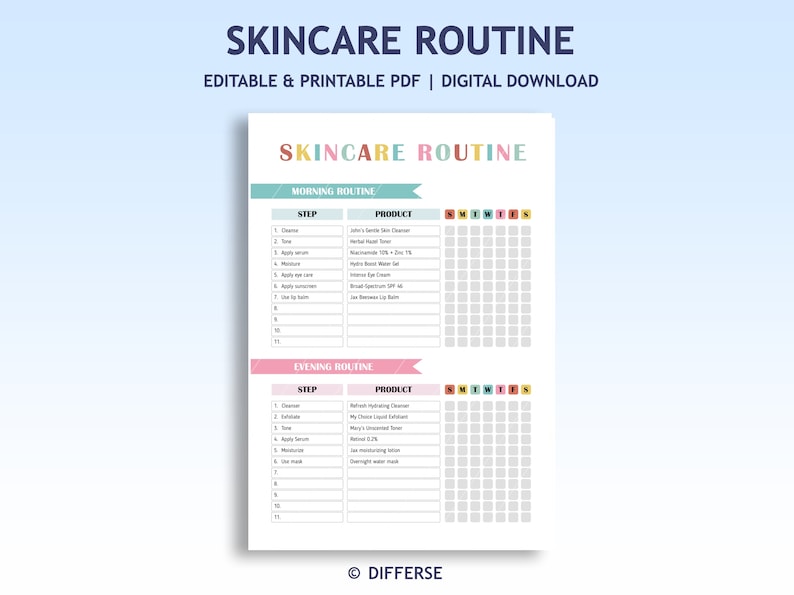 May include: Printable skincare routine planner with a pink and blue color scheme. The planner includes sections for morning and evening routines, with columns for steps, products, and days of the week.