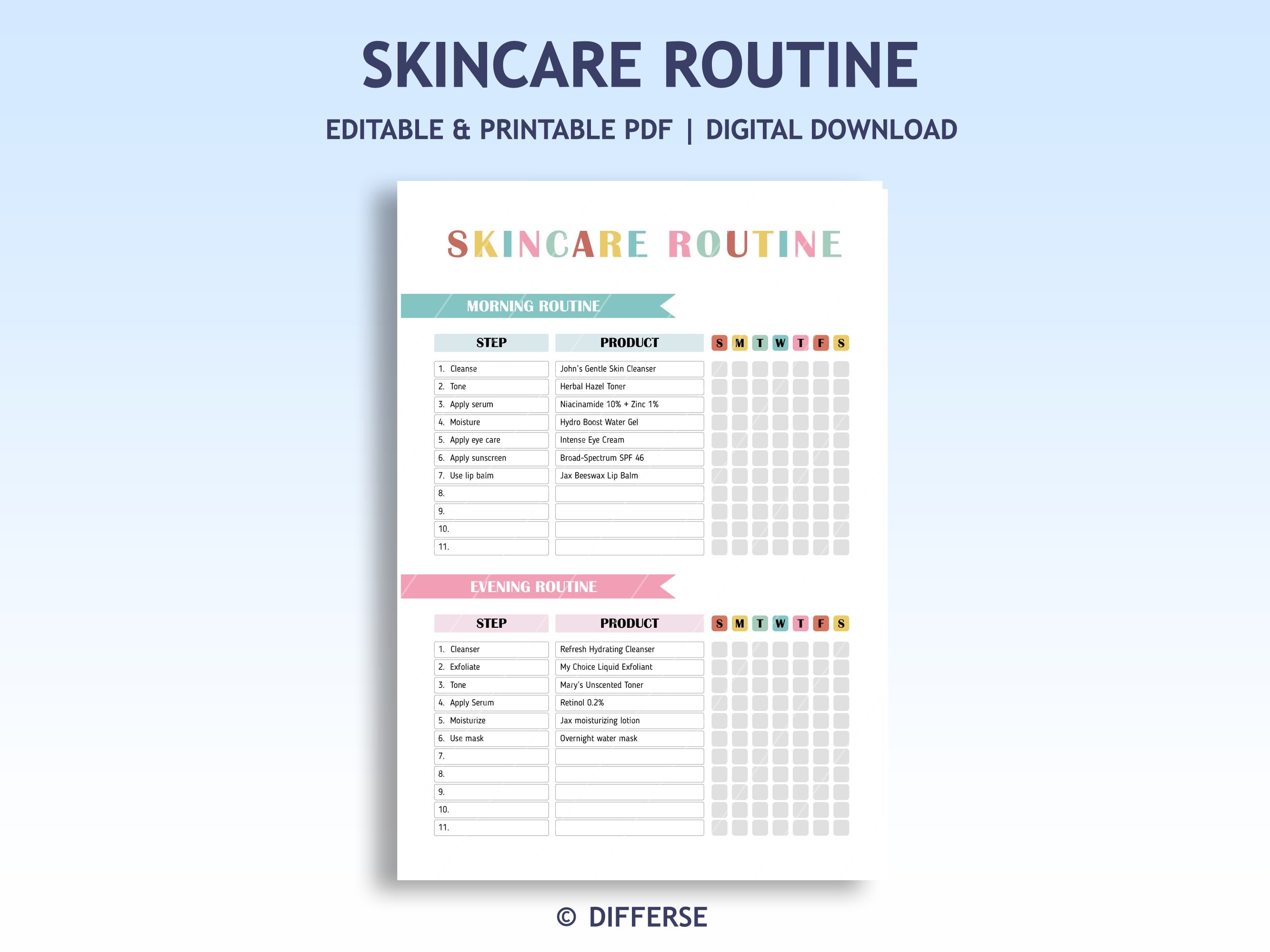 Bearbeitbare Vorlage für die Hautpflege-Routine AM PM | Hautpflege-Routine | Pflegeanleitung | Hautpflege-Programm | Pflegeplaner | Hautpflege Checkliste