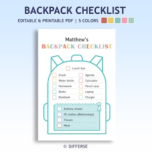 Liste de contrôle pour les sacs à dos pour enfants | Liste de sacs à dos modifiable | Liste de contrôle du sac à dos scolaire | Liste de colisage de voyage | Retour à l'école | Sac à dos pour la maternelle