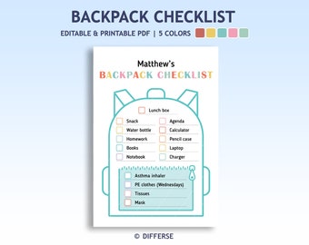 Kids Backpack Checklist | Editable Backpack List | School Backpack Checklist | Travel Packing List | Back to School | Kindergarten Backpack