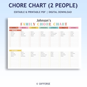 Pode incluir: Um quadro de tarefas imprimível para duas pessoas, com um design colorido e um título que diz "Johnson's Family Chore Chart". O quadro é dividido em dias da semana, com colunas para domingo, segunda-feira, terça-feira, quarta-feira, quinta-feira, sexta-feira e sábado. Cada coluna tem uma lista de tarefas para duas pessoas, Matthew e Victoria.
