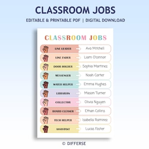 Könnte beinhalten: Eine farbenfrohe Klassenzettel-Tabelle mit dem Titel "CLASSROOM JOBS". Sie listet Aufgaben wie "Line Leader" und "Door Holder" mit entsprechenden Namen auf. Es ist ein digitaler Download.
