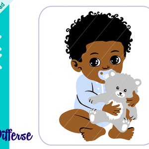 Mignon bébé noir avec ours en peluche | Fichier svg cut et | PNG Baby Boy png | Nouveau-né svg | Teddy Bear SVG | | Clipart Black Boy Prince Noir