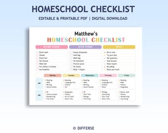 Editable Homeschool Checklist | Homeschool Planner | Daily Schedule for Kids | School Routine Chart | Printable Homeschool Schedule