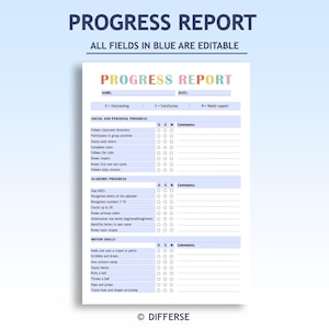 May include: A printable progress report with the title "PROGRESS REPORT" in colorful letters. The report includes sections for social and personal progress, academic progress, and motor skills, with editable fields in blue. The text "ALL FIELDS IN BLUE ARE EDITABLE" is also visible.