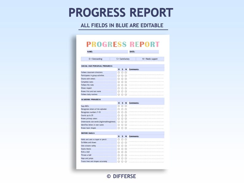 May include: A printable progress report with the title "PROGRESS REPORT" in colorful letters. The report includes sections for social and personal progress, academic progress, and motor skills, with editable fields in blue. The text "ALL FIELDS IN BLUE ARE EDITABLE" is also visible.