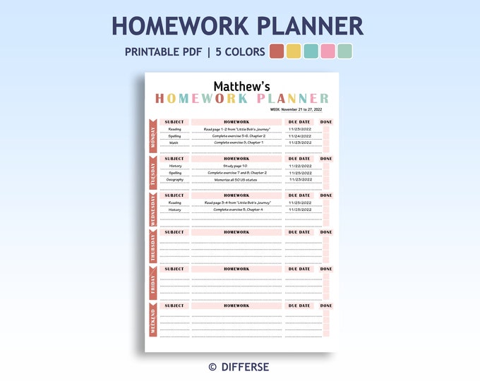 Printable Assignment Tracker, Weekly Homework Planner, Back to School ...