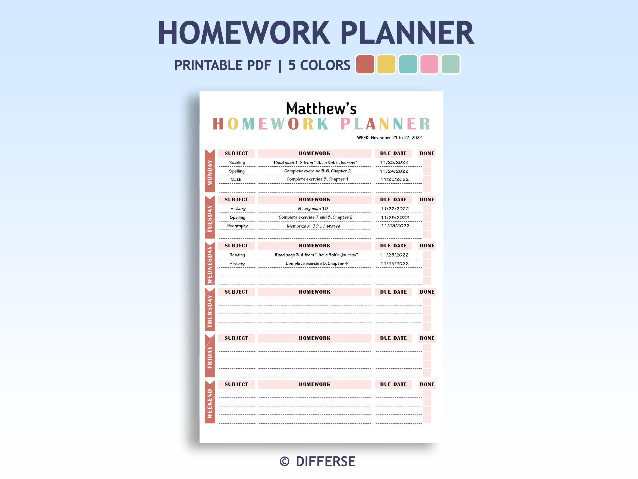Printable Homework Planner | Homework Chart | Homework Tracker | Homeschool Planner | Homework Log | Assignment Tracker | Homework Log