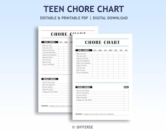 Puede incluir: Un gráfico de tareas imprimible en blanco y negro para adolescentes con una lista de tareas diarias y semanales. El gráfico incluye una sección para marcar las tareas completadas. El gráfico tiene el texto "TEEN CHORE CHART" en la parte superior y "DIFFERSE" en la parte inferior.