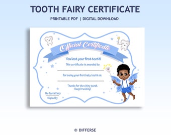 Certificat de fée des dents pour garçons | Première dent perdue | PDF imprimable de la fée des dents | Cadeau de fée des dents afro-américaine | Fée Noire PNG