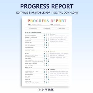 Bearbeitbare Fortschritt melden Vorlage | Ausdruckbare Rapport Karte | Schulzwischenstand | Verhalten, Motorik und Akademische Updates