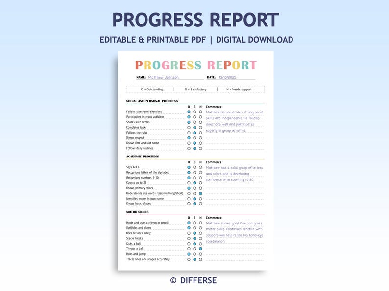 Editable Progress Report Template | Printable Report Card | School Progress Report | Behavior, Motor Skills and Academic Update image 1