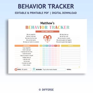 May include: A printable behaviour tracker titled "Behavior Tracker". The tracker includes sections for family values, behaviour, and points, with the name "Matthew's" at the top. The goal is 65 points, with a reward of a trip to the movie theatre.