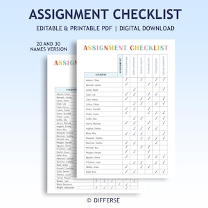 May include: A digital assignment checklist with the title "ASSIGNMENT CHECKLIST" in colorful letters. The checklist includes student names and columns for reading passages, math worksheets, science reports, vocabulary lists, group projects, and uploaded homework.