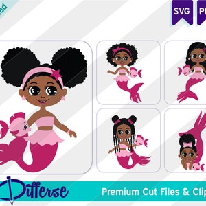 Set of 5 African American Mermaids | Baby Mermaid Clipart | Black Mermaid PNG | Cute Mermaid | Magical Black Girl | Afro Mermaid Vector