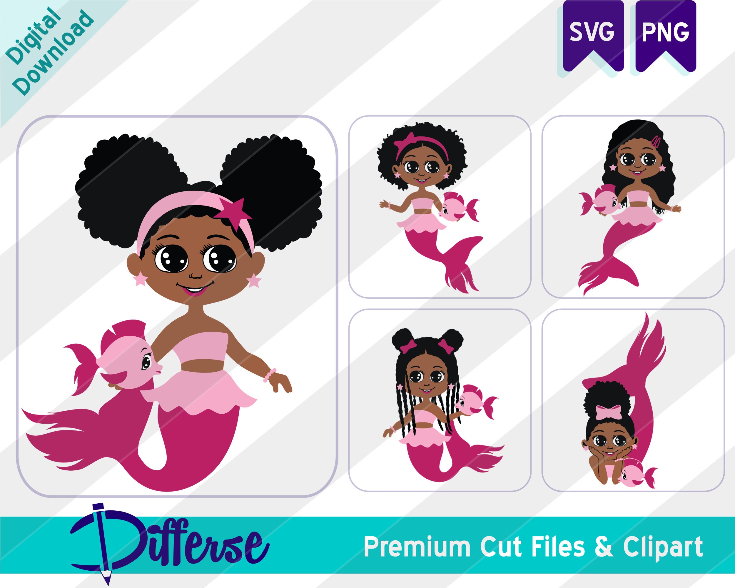 Set of 5 African American Mermaids | Baby Mermaid Clipart | Black ...