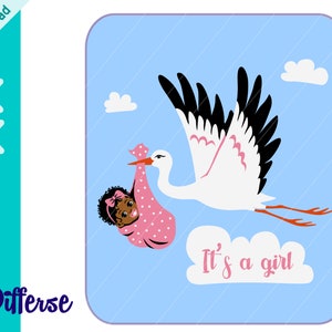 Ooievaar met zwarte babymeisje | SVG-knipbestand > PNG-| Afro-Amerikaanse Baby PNG | Pasgeboren | Stork Baby svg | Baby Aankondiging | Baby aankomst