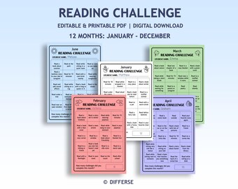1 Year Reading Challenge Cards | Editable Reading Challenges | Monthly Reading Challenges | Reading Challenge Bundle for Kids