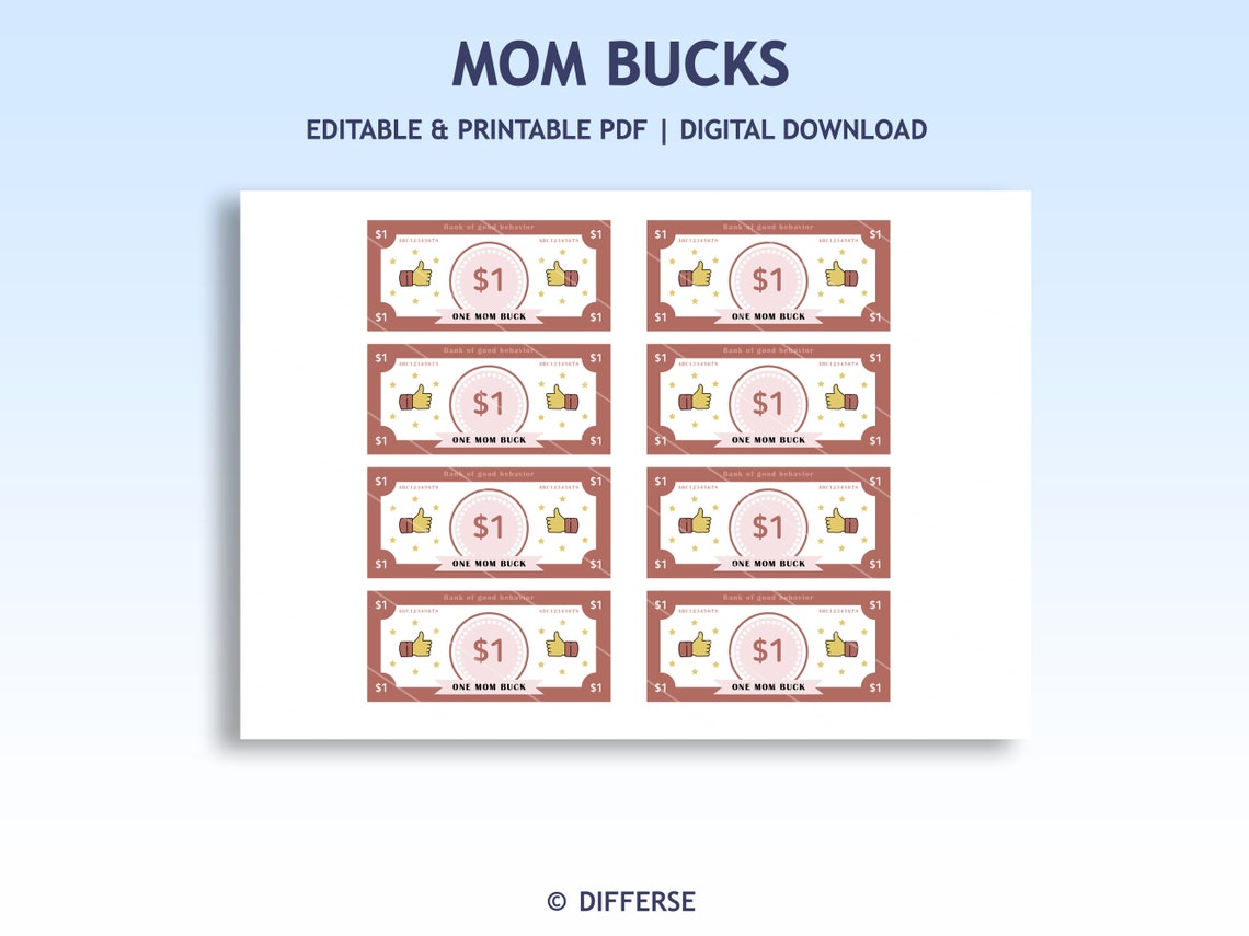 Editable Mom Bucks | PDF Reward System for Kids | Behavior Bucks ...