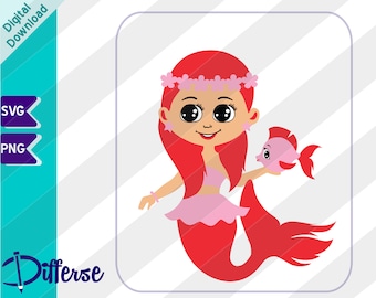 Cute Mermaid | SVG Cut File & PNG | Little Girl Mermaid Clipart | Mermaid SVG | Mermaid Princess png | Mermaid Printable | Baby Mermaid
