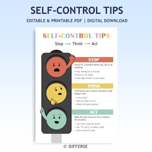 Könnte beinhalten: Ein druckbares PDF mit dem Titel "SELF-CONTROL TIPS" mit einem Ampeldesign. Das Licht hat drei Abschnitte: rot für "STOP", gelb für "THINK" und grün für "ACT", jeweils mit entsprechenden Ratschlägen. Der Hintergrund ist hellblau.