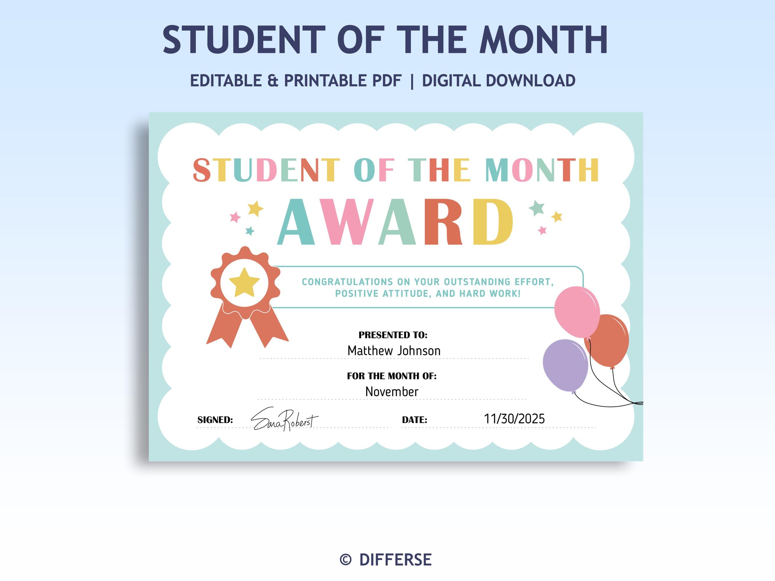 Editable Student of the Month Award | Star Student of the Month ...