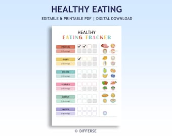 Può includere: Un tracker alimentare sano stampabile con sezioni per proteine, latticini, frutta, verdura, cereali e acqua. Ogni sezione ha caselle di controllo e illustrazioni di alimenti. Il titolo è "HEALTHY EATING TRACKER".