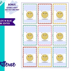 May include: Nine printable cards with a smiling yellow cartoon face with stars. Each card has a blue, pink, yellow or green border and a white interior space for writing.