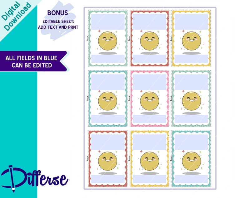 May include: Nine printable cards with a smiling yellow cartoon face with stars. Each card has a blue, pink, yellow or green border and a white interior space for writing.