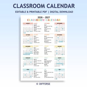 May include: A classroom calendar for the 2026-2027 school year. The calendar is a printable PDF with a colorful design. Months are listed with dates and special events. The title "Classroom Calendar" is at the top.