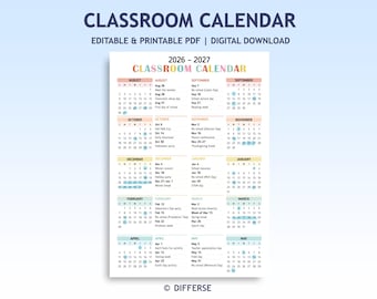 2026-2027 Classroom Calendar Template | School Year Calendar | Important Dates | Yearly Planner | School Year Planner | Homeschool Planner