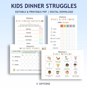 Könnte beinhalten: Ein Satz druckbarer Diagramme mit dem Titel "Kids Dinner Struggles" mit dem Text "Editable & Printable PDF | Digital Download". Die Diagramme umfassen "Can Finish Dinner", "Tries a New Food", "Mealtime Chart" und "Table Manners".