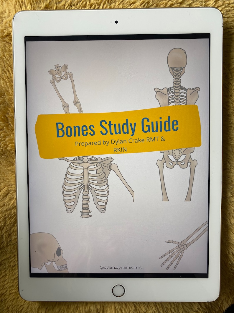 Peut inclure: Un guide d'&eacute;tude num&eacute;rique sur les os, avec une banni&egrave;re jaune sur laquelle est inscrit "Bones Study Guide" et "Prepared by Dylan Crake RMT & RKIN". Le guide comprend des illustrations d'un squelette humain, mettant l'accent sur la cage thoracique, le bassin et la main.