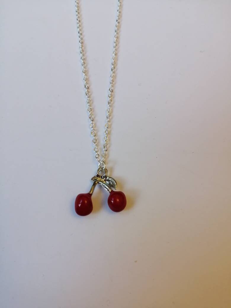 Silver Cherry Cherries Necklace Etsy