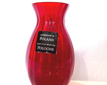 Hand blown Cased Red & Clear Art Glass Vase, 6” made in Poland