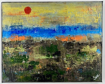 8 por 10 Original Mixed Media Abstract Landscape Canvas "Lava Sunset"