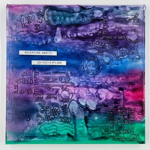Lienzo original de técnica mixta de 12 por 12 pulgadas, &quot;Adventure Awaits&quot;, arte abstracto en tinta india