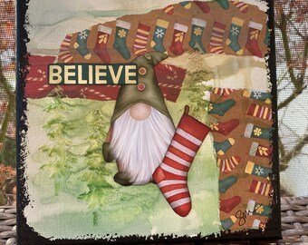 8 by 8 inch Original Mixed Media "I Believe in Christmas"