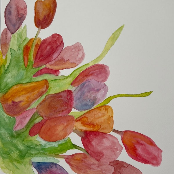 9 by 12 Original watercolor of tulips on watercolor paper, no mat, no frame