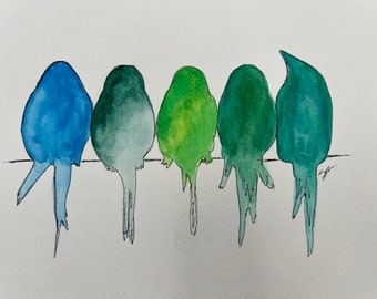 9 by 12 Original watercolor of five birds on a wire on watercolor paper, no mat, no frame