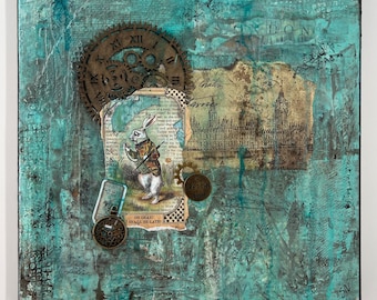 8 X 10 Original Mixed Media Canvas Alice in Wonderland, “A tea party”