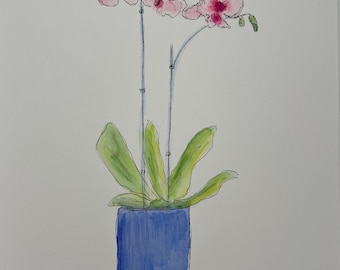 9 by 12 Original watercolor of pink orchid on watercolor paper, no mat, no frame