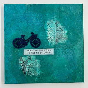 10 x 10 Original Mixed Media Leinwand, "Travel the World", petrol Karte und Fahrradkunst
